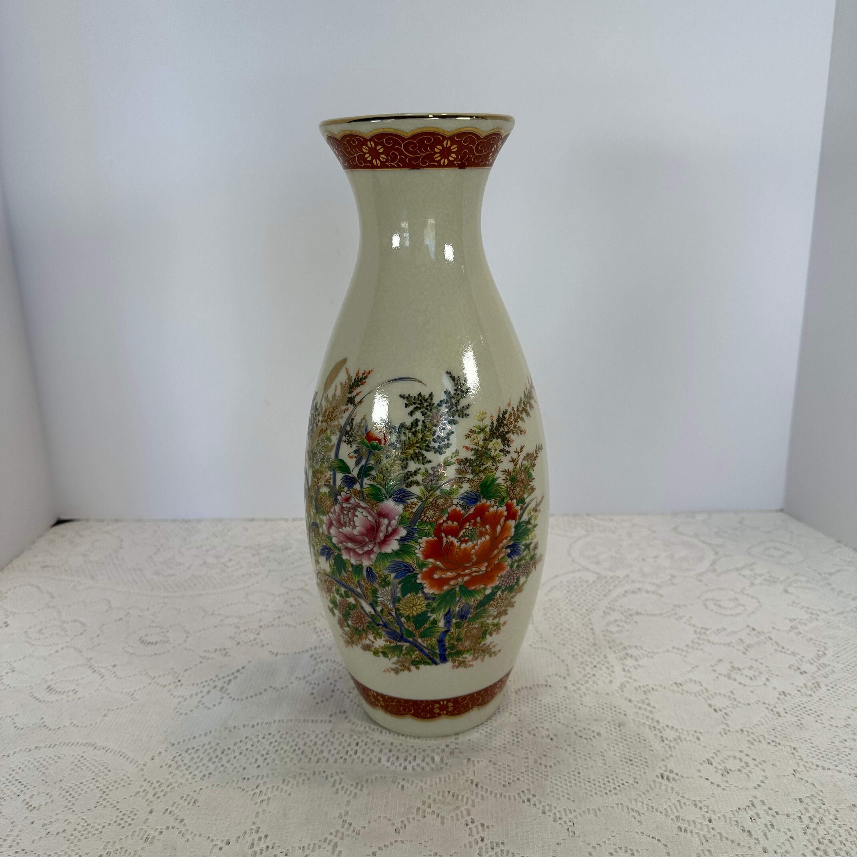 Vintage, Japanese Hand Painted Floral Vase With Gold Trim, Made in