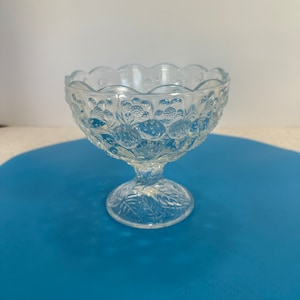 Vintage, 1960s footed pedestal cut glass molded trinket, candy bowl, clear with strawberries and leaves   Fruit or Compote Pedestal