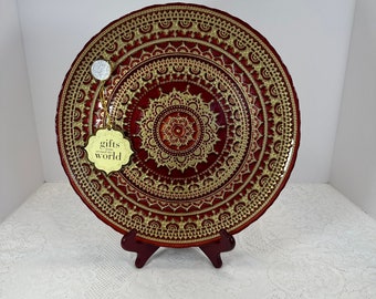 Art Of The Table Ardacam Red and Gold Handmade, Turkish Glass Plate New with tag, Collectors Plate-Decorative Wall Plate 13"in