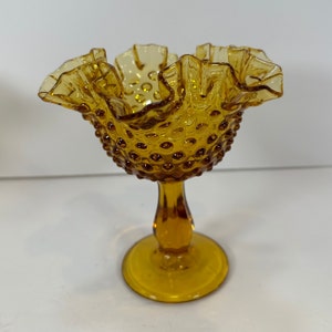 Vintage Fenton Amber Hobnail Ruffled Pedestal Candy Dish/Compote 6.25&quot; inches Tall