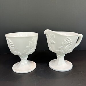 Vintage Milk Glass Old Colony Milk Glass Footed Creamer and Sugar set, in Harvest Grape Pattern