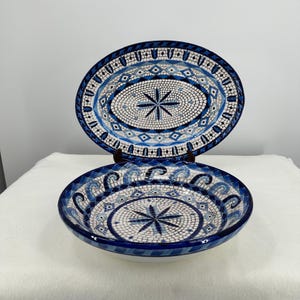 Vintage, 1996 RARE, Serving Platter and matching bowl, Blue Mosaic by ZRIKE, 2-piece set is Blue and white Geometric Title Mosaic design
