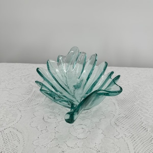 Vintage 1970&#39;s Retro Blue Teal Aquamarine Glass Leaf Shape Art Glass, Centerpiece Bowl 13.5&quot;in wide