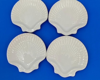 Vintage, Set of 4 Shell White Ceramic Seashell Plates made in Portugal – Coastal Tableware Shell Art Serving plates, Dish 8"in wide