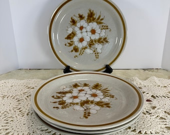 Vintage Set of 4 Stoneware Dinner Plates Moutain Wood Collection Dried Flowers Vintage 1970's, 10.5" inches, Japan
