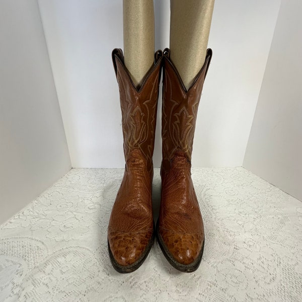 Vintage, Tony Lama Braune Cowboy Stiefel mit Croc Toe & Heel, Blockabsatz, Western Cowboy Stiefel, Leder, Old West Brown Herren USA Größe 9,5M