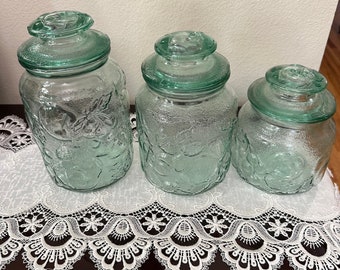 Vintage, Libby, Embossed, Fuit Orchard/Pattern, Glass Canister, Set with Glass lids, Set of 3