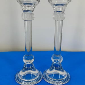 Vintage, Set of Two Silversmiths Crystal Tall Clear Glass Pillar Candlestick holders 12&quot; inches Tall