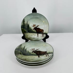 Vintage, set di 4 piatti SAKURA Northwoods David Carter Brown STONEWARE Moose da 8 pollici Bellissimi!