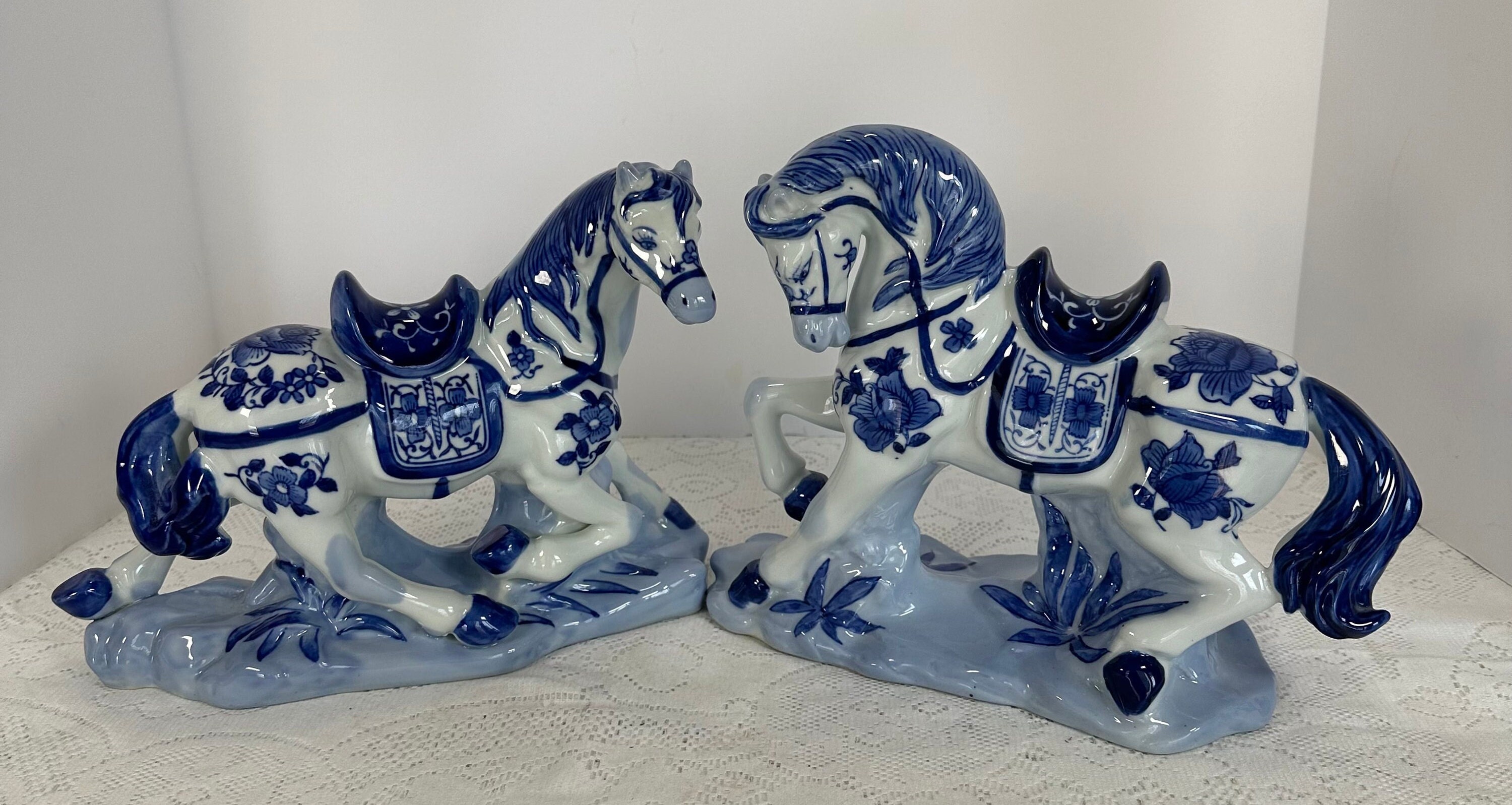 Vintage Set of TWO, Chinoiserie Blue and White Prancing Horses