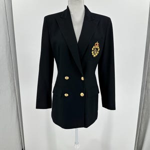 Vintage 90s Ralph Lauren Double Breasted Crest Blazer Black Wool Academia Jacket | Gold Button Preppy Equestrian Style Blazer size 4