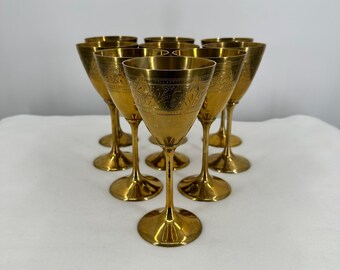 Vintage Set of NINE, Handmade Brass Engraved Wine Goblets from India Set of 9 Stem Chalice, wine, bar, stemmed Tall solid brass 7.5" tall
