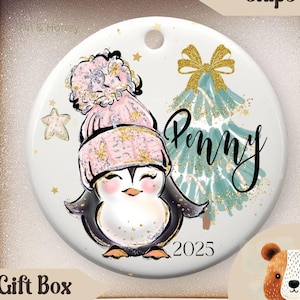 Personalized Pink Penguin Christmas Ornament - Cute Holiday Gift for Girls - Ceramic Keepsake with Name & Year - Winter Tree Décor Gift