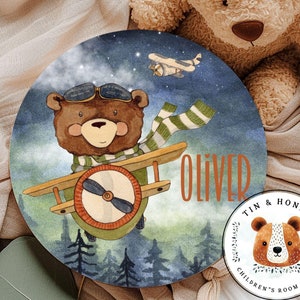 Teddy Bear Pilot Plane Baby Name Sign, Personalized Bear Airplane Name Sign, Custom Newborn Sign, Shower Nursery Birthday Party Décor Gift