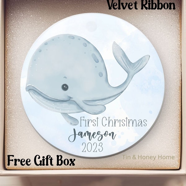 Custom Whale First Christmas Ornament, Personalized Baby Name Ceramic , Customized Nautical Ocean Beach Coastal Baby Birth Announcement