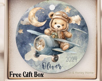 Flying Teddy Bear Airplane Ceramic Christmas Ornament, Custom Personalized Pilot Plane Baby Gift, First Christmas Pregnancy Keepsake
