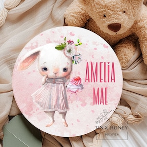 Pink Rabbit Baby Name Sign, Personalized Floral Bunny Sign, Baby Birth Announcement Nursery Décor, Custom Baby Shower Gift Girl, Door Hanger