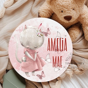 Pink Cat Baby Name Sign, Personalized Kitty Kitten Round Sign, Baby Birth Announcement Nursery Décor, Custom Shower Gift Girl, Door Hanger