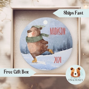 Ice Skater Bear Christmas Ornament, Personalized Cozy Bear Figure Skater Skating, Custom Ceramic Ice Skate Christmas Ornament, Gift for Him