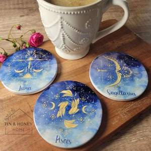 Celestial Zodiac Astrology Ceramic Coaster Set, Blue Gold Watercolor Horoscope Decor, Tarot Inspired Barware, Custom  Gift, Create Your Set