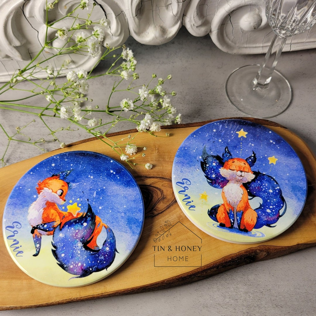 Personalized Watercolor Fox Coasters, Set of 4, Celestial Sky Galaxy ...