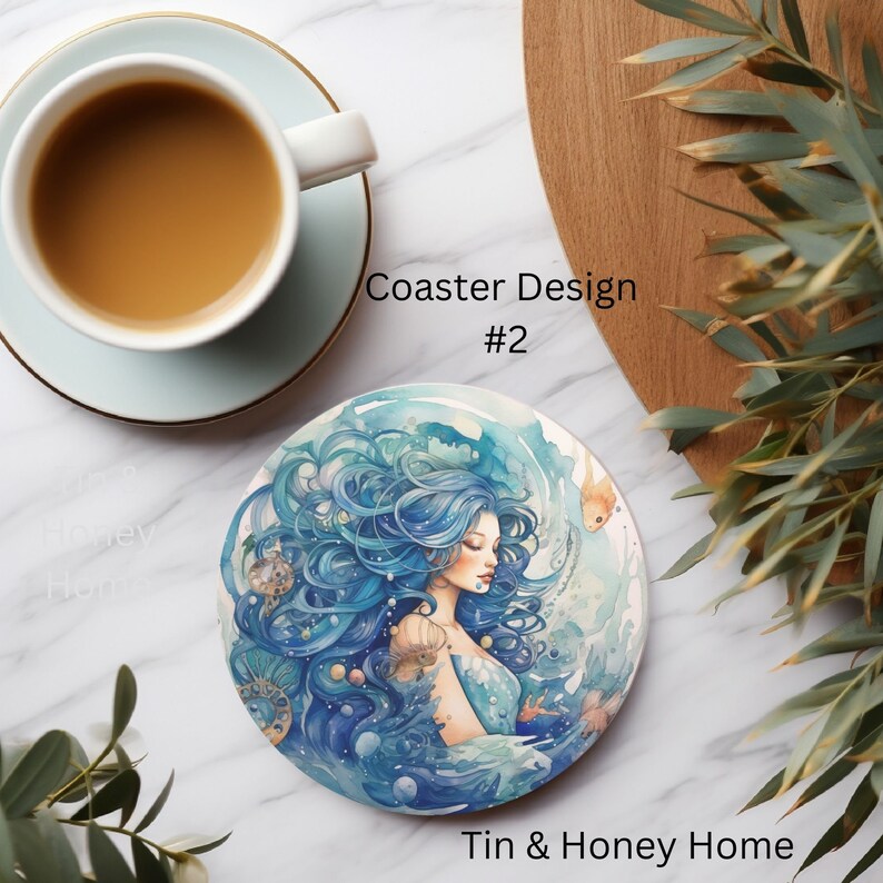 Blue Mermaid Round Ceramic Coasters, Coastal Table Decor, Nautical