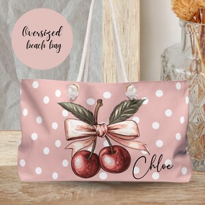 Pink cherry bag, Large weekender tote, Beach bag, Coquette cherry Bag, fruit bag, Gift for birthday, Gift for her, Red tote B, Oversized bag