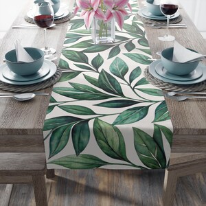 Green Watercolor Leaves Table Runner | Botanical Polyester Dining Table Decor
