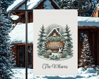 Personalized Holiday House Flag | Merry Christmas Cabin Garden Banner