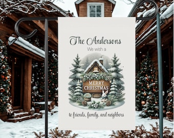Merry Christmas Cabin Scene Garden Flag | Garden Banner