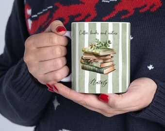 Striped Reading Coffee Cup | Cozy  Watercolor Book Stack Illustration Mug