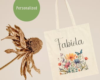 Personalized Floral Canvas Tote Bag: Custom Flower Print Shopping Bag