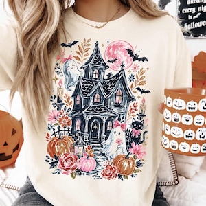 Cozy Halloween Haunted House Sweatshirt, Cute Ghost Pink Bow Crewneck, Vintage Halloween Aesthetic Shirt, Pastel Spooky Season Pullover
