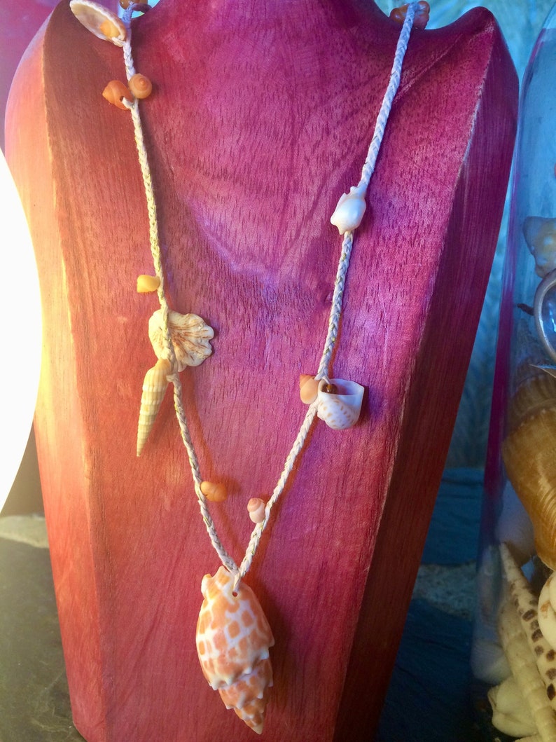 coquillage en pendentif orange et blanc pointu avec des motifs oranges, assemblé sur fibre naturelle rose tressée avec des petits coquillages de différentes formes, oranges et blancs, seul ou en grappe et ponctuant le tressage.