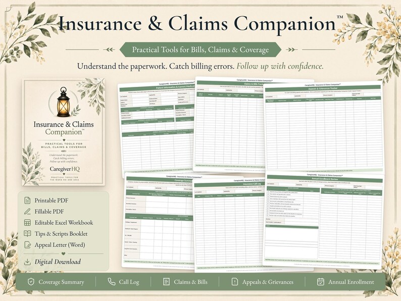 Tracker voor medische rekeningen en verzekeringsclaims, EOB-logboek, printbare map voor mantelzorgers, invulbaar PDF-bestand | CaregiverHQ - Verzekerings- en claimsgids afbeelding 1