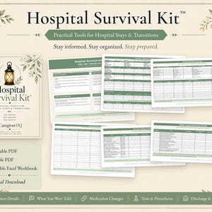 May include: A Hospital Survival Kit digital download set featuring a cover page with a lantern icon and multiple printable pages including admission details, medication changes, and discharge checklists in a green and white color scheme.
