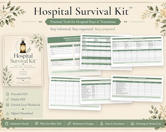 Op de afbeelding: Een digitale Hospital Survival Kit downloadset met een voorpagina met een lantaarnpictogram en meerdere printbare pagina's, waaronder opnamedetails, medicatiewijzigingen en checklists voor ontslag in een groen en wit kleurenschema.