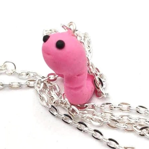 Worm Necklace - Polymer Clay Insect Jewellery - Silver Chain Necklace