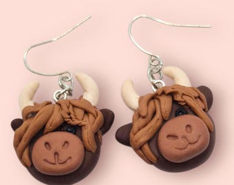 Highland Cow Earrings, Polymer Clay Animal Jewellery, Scottish Cow Gift For Women
