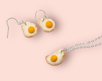 Fried Egg Jewellery, Polymer Clay Mini Food Jewellery Set, Quirky Gift For Her, Egg Earrings, Egg Necklace