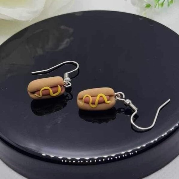 Kawaii Mini Hot Dog Earrings | Polymer Clay Dangle Drop Jewellery | Fun Food Earrings | Fake Food Accessories