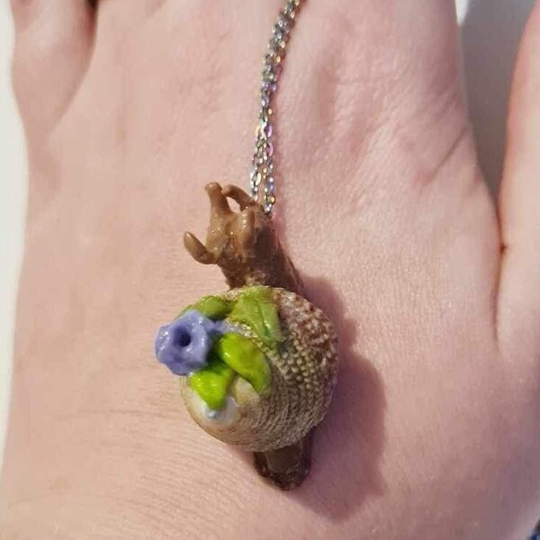 Snail necklace, witchy necklace for women, polymer clay cottage core jewellery, cute snail and flower pendant, mum necklace