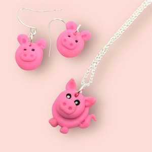 Pig Necklace Pig Earrings Piggy Jewellery Set Pink Polymer Clay Animal Jewellery Gift Set For Women Quirky Jewellery For Pig Lover