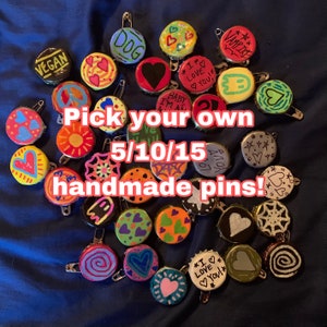 Handmade Bottlecap Pins! | Choose 5/10/15 pins, punk, diy, cute, hearts, colorful, black and white, hand drawn
