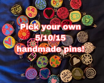 Handmade Bottlecap Pins! | Choose 5/10/15 pins, punk, diy, cute, hearts, colorful, black and white, hand drawn