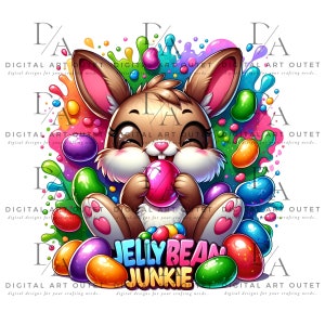 May include: A cartoon bunny rabbit with brown fur and big eyes is surrounded by colorful jelly beans. The bunny is holding a pink jelly bean in its paws. The text "JELLY BEAN JUNKIE" is written in a colorful font below the bunny.