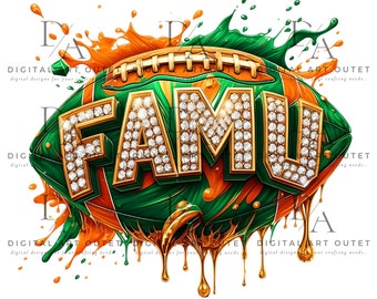 May include: A green and orange football with the word "FAMU" in gold letters covered in rhinestones. The football is surrounded by green and orange paint splatters.