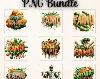 May include: A PNG bundle featuring various designs with the text "FAMU" in orange, green, and gold. The designs include a football, a snake, and a football player. The words "PNG Bundle" are at the top.