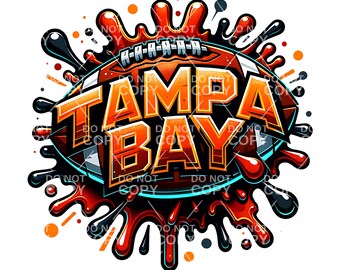Pode incluir: Uma bola de futebol vermelha, branca e azul com as palavras "TAMPA BAY" em uma fonte laranja em negrito. A bola é cercada por respingos de tinta vermelha, laranja e branca.