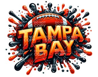 Pode incluir: Um design gráfico com as palavras "Tampa Bay" em estilo 3D com um esquema de cores vermelho e laranja. As palavras são cercadas por respingos de tinta preta e laranja e uma bola de futebol.